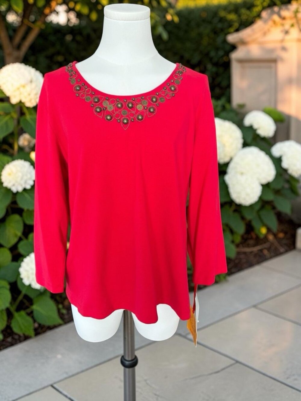 Ruby Rd. Red 3/4 Sleeve Top With Embellished Neckline-Size Large-NWT